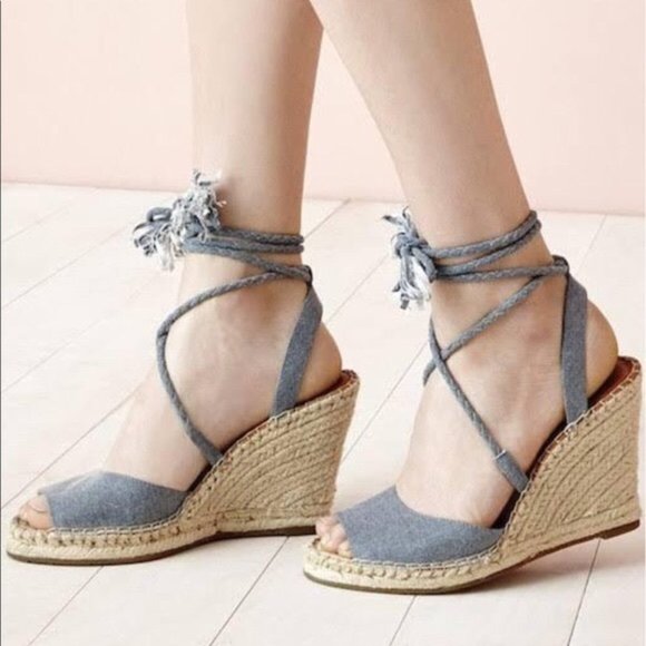 Joie Phyllis Espadrille Denim Lace Up Sandal Wedges - Picture 2 of 9